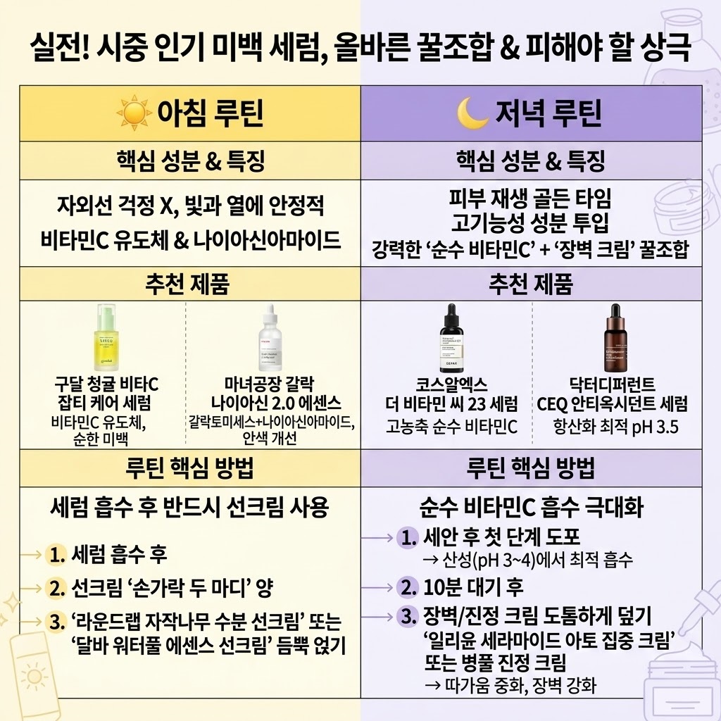 아침과 저녁 미백화장품 루틴 조합과 비타민C 세럼, 나이아신아마이드, 장벽 크림 사용 순서를 정리한 인포그래픽 이미지