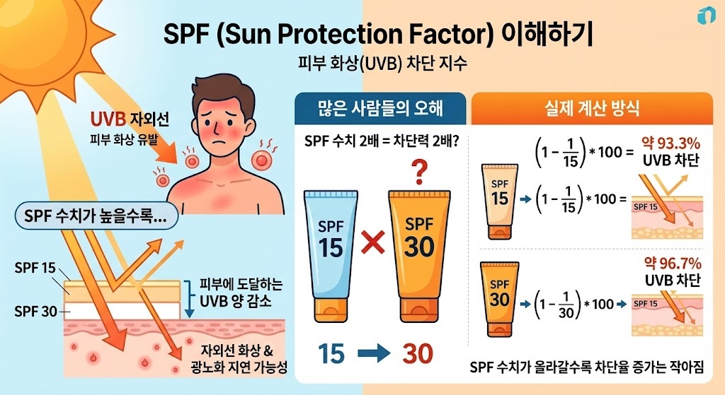 자외선 차단 지수 SPF의 의미와 UVB 차단 원리를 설명하는 인포그래픽 이미지